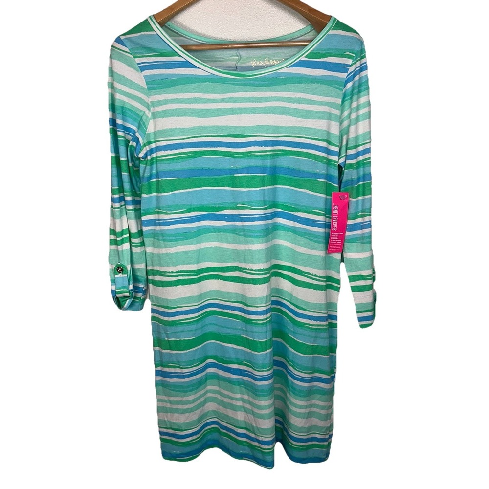 New Lilly Pulitzer Linden Dress Seaspray Blue Green Sea Stripe Large Pima Cotton